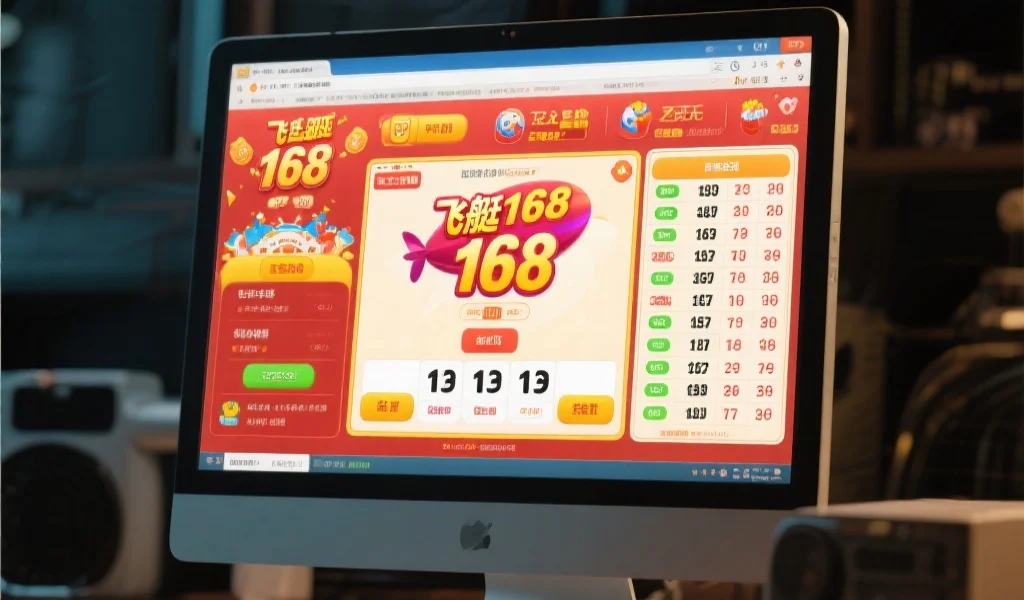 一张展示网上彩票游戏界面、显眼显示“飞艇168”开奖号码和统计数据的电脑屏幕